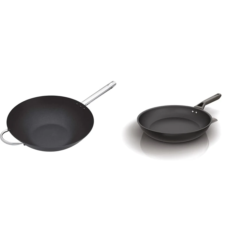 MasterClass Wok Carbon, Non Stick, Carbon Steel, 8 litres Wok Pan, 35.5cm (14''), Black & Ninja ZEROSTICK Classic Cookware 30cm Frying Pan, Non-Stick, Long Lasting Aluminium Frying Pan