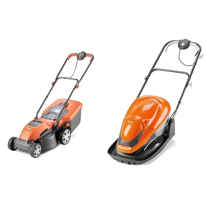 Flymo Speedi-Mo 360C Electric Wheeled Lawn Mower, 1500 W, Cutting Width 36 cm, Orange/black & EasiGlide 300 Hover Collect Lawn Mower - 1700W Motor, 30cm Cutting Width, 20 Litre Grass Box
