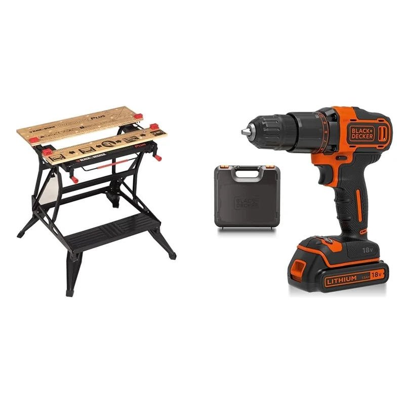 BLACK+DECKER Workmate Plus, Work Bench Tool Stand Saw Horse, Dual Height & 18 V Cordless 2-Gear Combi Hammer Drill Power Tool with Kitbox, 1.5 Ah Lithium-Ion, BCD700S1K-GB, Orange