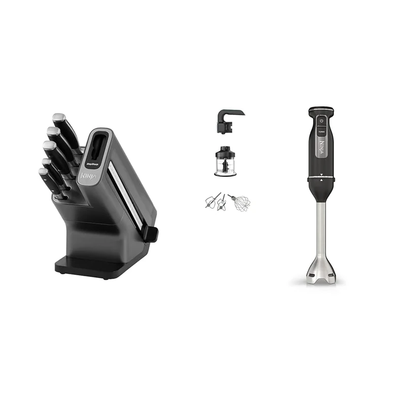Ninja Foodi StaySharp Knife Block with Integrated Sharpener, 5-Piece Knife Set Includes Chef Knife & Ninja Foodi 3-in-1 Hand Blender, Hand Mixer & Chopper, Food Processor