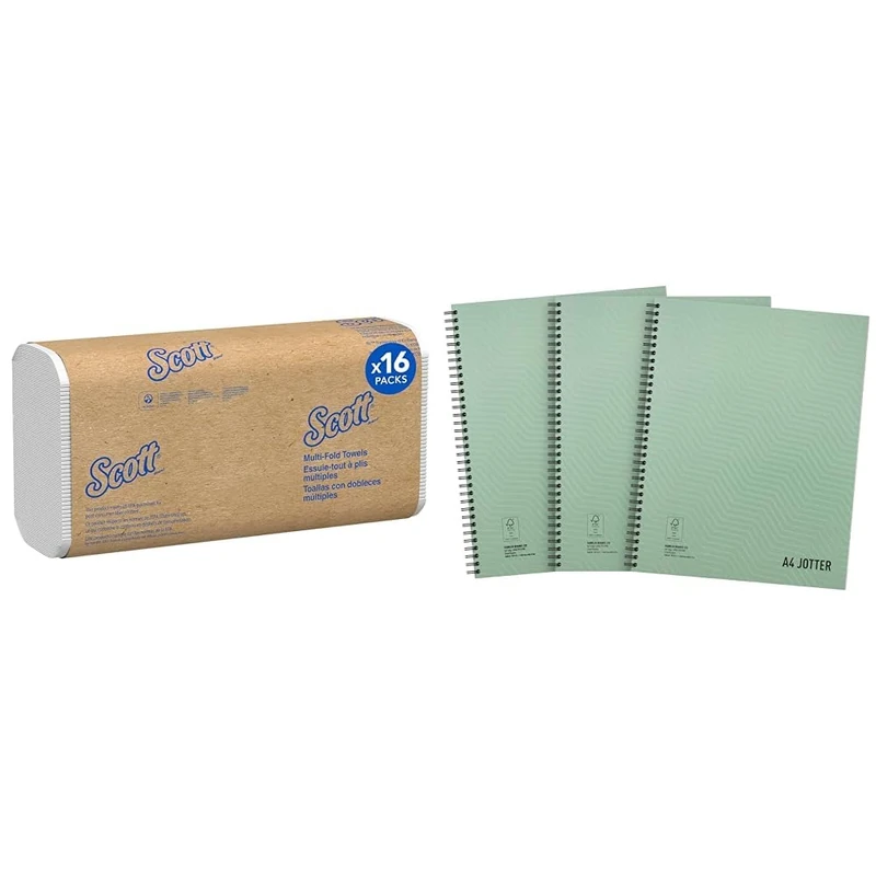 Scott Multifold Hand Towels 1804 - Z Fold Paper Towels - 16 Packs x 250 White Paper Hand Towels (4,000 Total) & Summit Jotter, A4 Metallic Notebook, Wirebound, Lined, Pack of 3