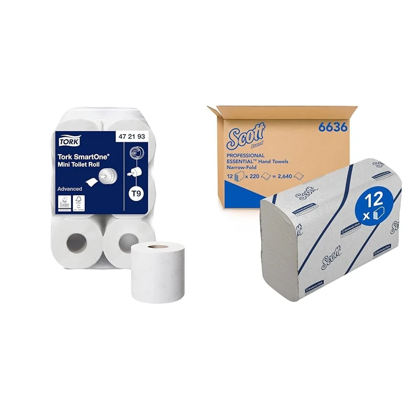 Tork SmartOne Mini Toilet Roll White T9, Advanced, 2-Ply, 12 x 620 Sheets, 472193 & Scott Essential Hand Towels 6636 - Narrow-Fold Paper Hand Towels - 12 Clips x 220 White Paper Towels (2,640 Total)