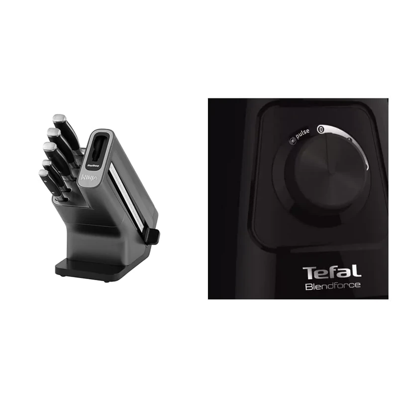 Ninja Foodi StaySharp Knife Block with Integrated Sharpener, 5-Piece Knife Set Includes Chef Knife & Tefal Blendforce II Blender, 2L Plastic Jug, 1.25L Effective Capacity, 600W
