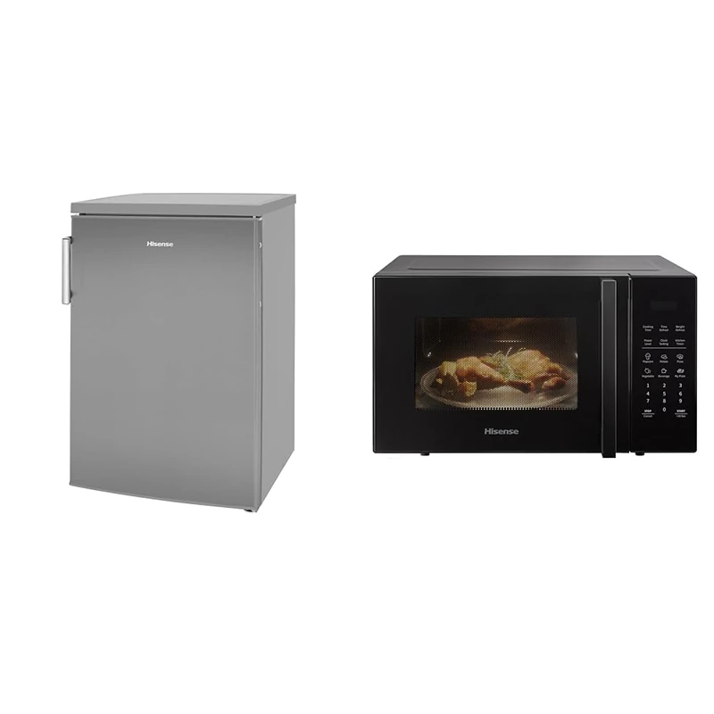 Hisense RL170D4BCE 133L Under Counter Larder Fridge with LED Lighting 56 × 84.5 × 57.5 cm (W×H×D), Stainless steel, Grey & 900 Watt Microwave oven H25MOBS7HUK - Black, 25 Litre