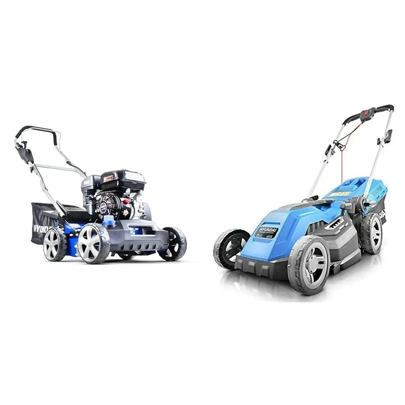 Hyundai 212cc Petrol Lawn Scarifier and Aerator, 400mm Cutting Width, 5 Cutting Heights, 45L Grass B & HYM3800E 1600W 230V Corded Electric Rotary Lawnmower With Rear Roller, 38cm Cutting Width
