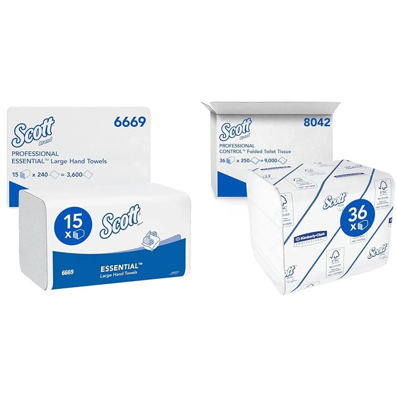 Scott Essential Large Folded Hand Towels 6669 - Multifold Paper Towels - 15 Packs x 240 White Z fold & Control Folded Toilet Tissue 8042-2 Ply Bulk Toilet Paper - 36 Packs x 250 Toilet