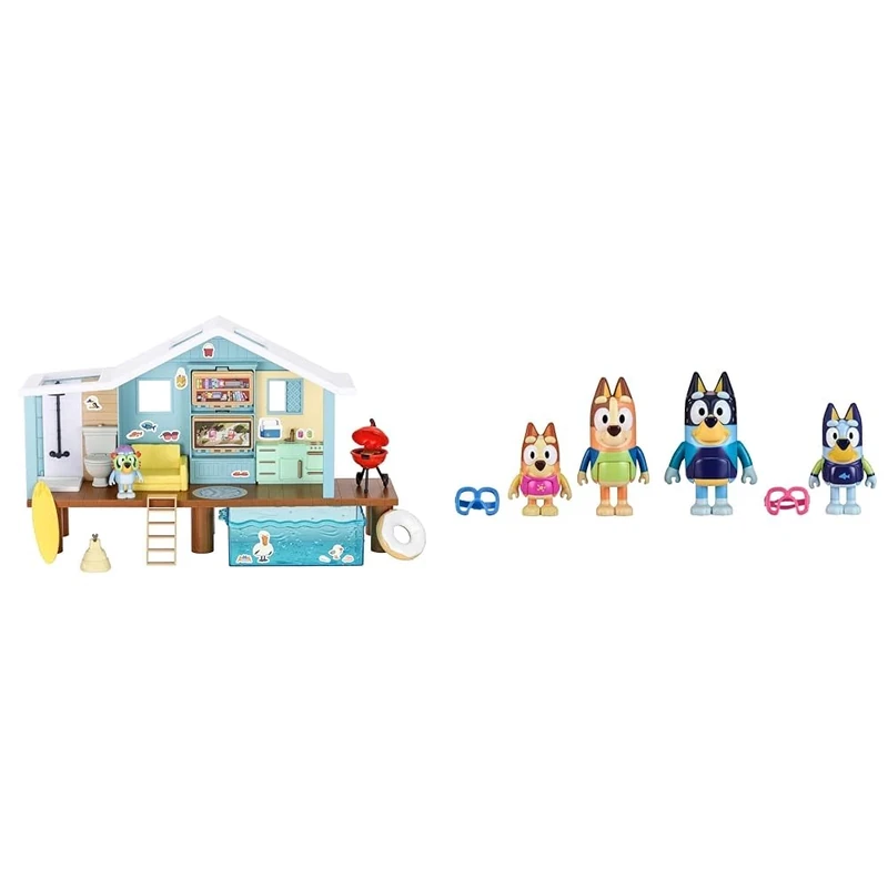 Bluey Beach Cabin Playset, With Exclusive Figure With Goggles. Includes 10 Play Pieces and Sticker Sheet & 17547 Family Day Figure 4PK Beach, Multicolor, Small