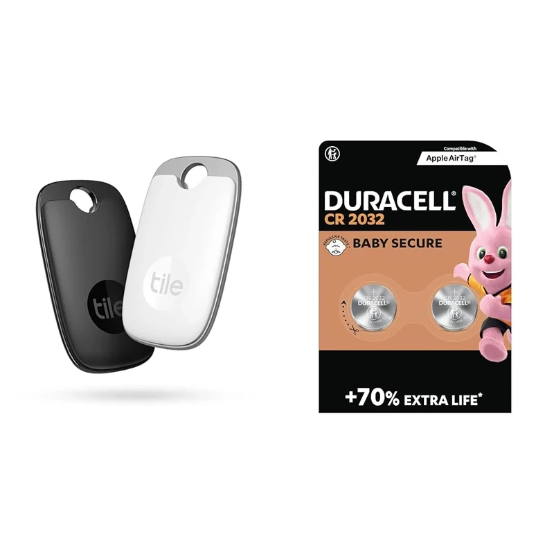 Tile Pro (2022) Bluetooth Item Finder, 2 Pack, 120m finding range, works with Alexa and Google Smart & Duracell CR2032 Lithium Coin Batteries 3V (2 Pack) - Up to 70% Extra Life* - Baby Secure