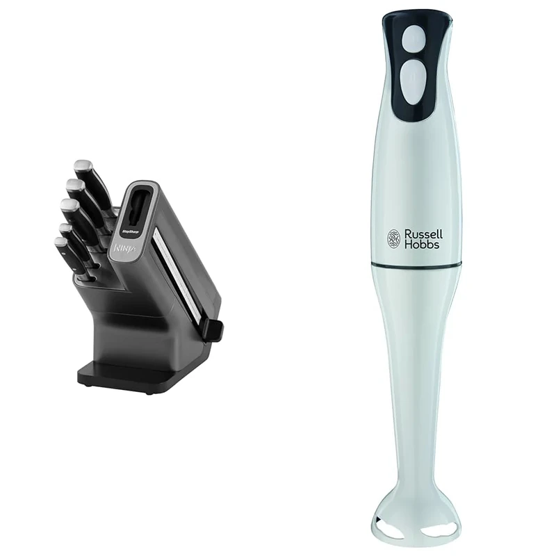 Ninja Foodi StaySharp Knife Block with Integrated Sharpener, 5-Piece Knife Set Includes Chef Knife & Russell Hobbs Food Collection Electric Hand Blender, 2 Speeds and Pulse Technology