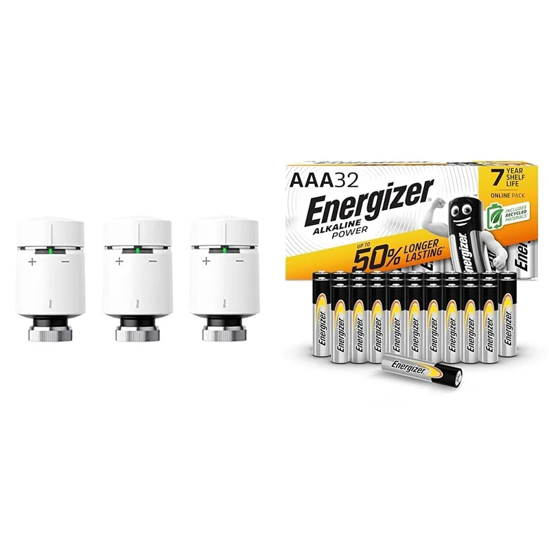 Drayton by Schneider Electric Wiser Smart Heating Radiator Thermostat Multipack, White & Energizer AAA Batteries, Alkaline Power, Triple A Battery Pack, 32 Pack (Packaging May Vary)