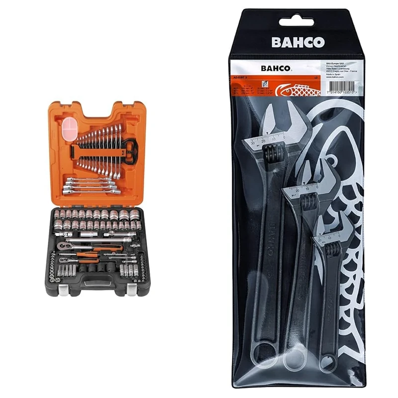 Bahco S87+7 Socket & Spanner Set, Metric & AF 1/4" & 1/2" Drive, 94 Pieces & BHADJUST 3 ADJ3 Set of 3 Adjustable Wrenches (8070/8071 / 8072), Grey, 16 Degree Head Angle