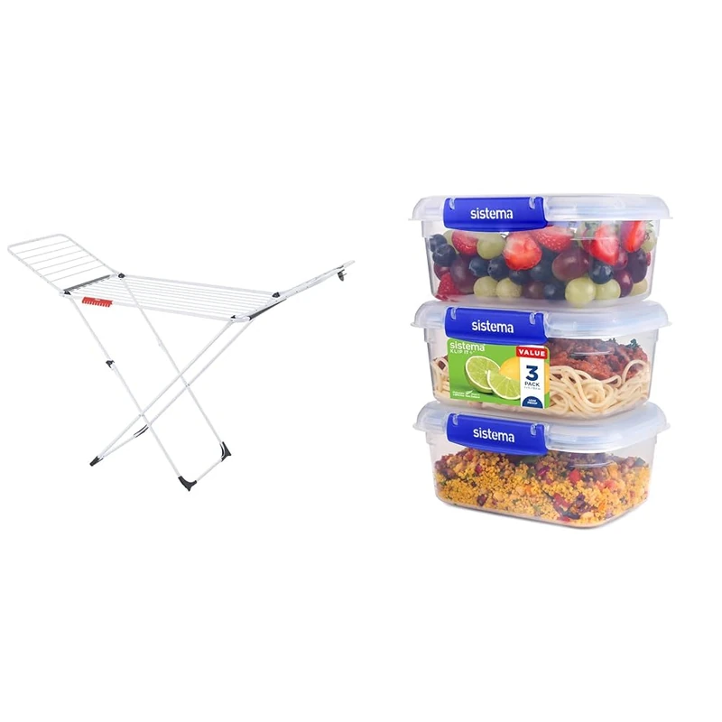 Vileda Extra X-Legs Clothes Airer, Indoor Clothes Drying Rack with 20m Washing Line, White & Sistema KLIP IT PLUS Food Storage Containers | 1 L | Leak-Proof, Stackable & Airtight Fridge/Freezer