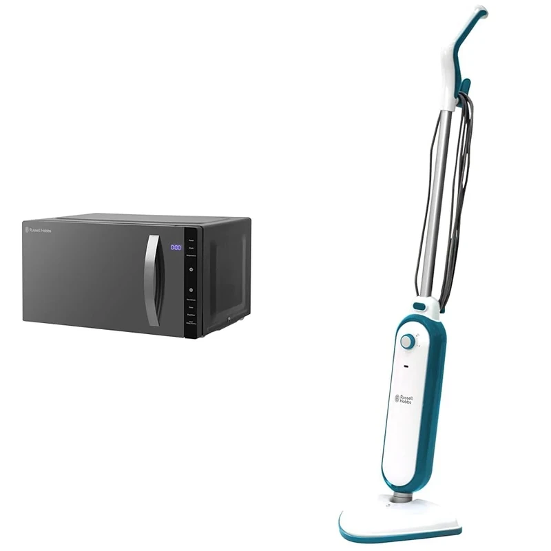 Russell Hobbs RHFM2363B 23 L 800 W Black Digital Flatbed Solo Freestanding Microwave & RHSM1001-G Steam and Clean Steam Mop White & Aqua - Free 2 year guarantee