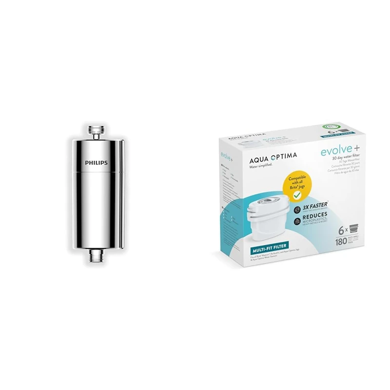Philips Water - in-Line Shower Filter, Reduces Chlorine by up to 99%, Easy to Instal & Aqua Optima Water Filter Cartridge 6 Pack (6 Months Supply), Evolve+ Compatible