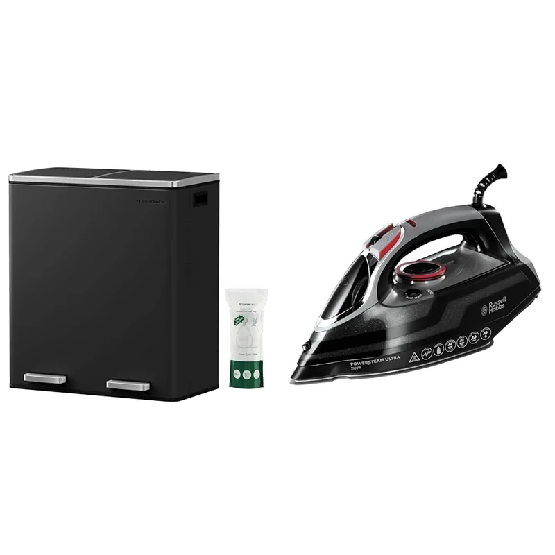 SONGMICS Double Rubbish Bin, 2 x 30L Waste and Recycling Kitchen Bin with 15 Rubbish Bags & Russell Hobbs Power Steam Ultra Iron, Ceramic Non-stick soleplate, 210g Steam Shot, 70g Continuous