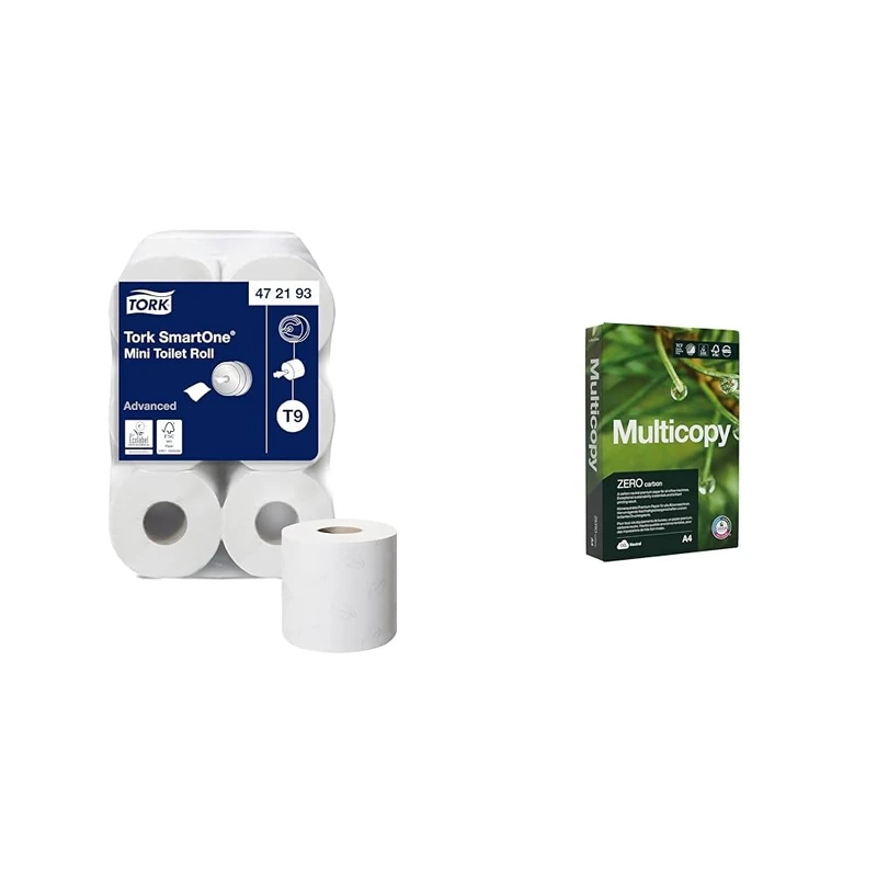 Tork SmartOne Mini Toilet Roll White T9, Advanced, 2-Ply, 12 x 620 Sheets, 472193 & Multicopy Zero A4 80gsm Printer Paper - 1 Ream (500 Sheets)