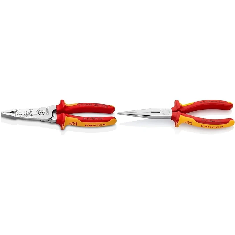 KNIPEX 13 76 200 ME WireStripper Metric Version Insulated with Multi-Component Grips & Snipe Nose Side Cutting Pliers (Stork Beak Pliers) Chrome-Plated