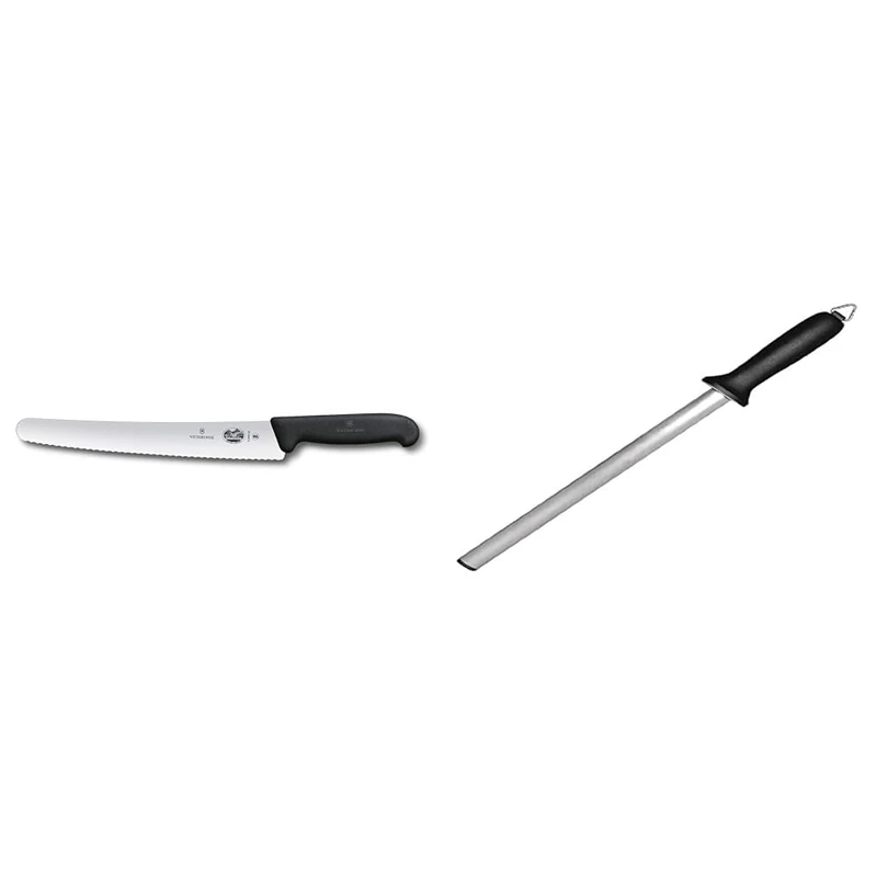 Victorinox Serrated Edge Pastry Saw (26 cm Blade, Non-Slip Handle, Rustproof, Stainless Steel & Vogue Professional Honing Steel Diamond Knife Sharpening Steel 30.5cm / 12 inch