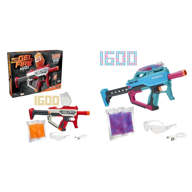 Nerf Pro Gelfire Mythic Blaster, 1,600 Gelfire Rounds, Hopper, Rechargeable Battery, Eyewear & Pro Gelfire X MrBeast Blaster, 1600 Gelfire Rounds, 300 Round Hopper, Rechargeable Battery, Eyewear