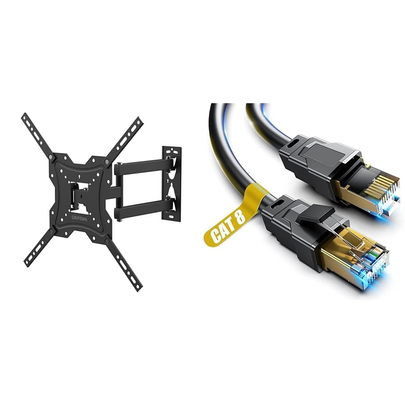 GRIFEMA GB1004 Swivel TV Wall Bracket, for 26-55 inch Screens, for Flat & Curved TV up to 30KG & Akake Cat 8 Ethernet Cable, 0.5M 1M 2M 3M 5M 6M 9M 12M 15M 18M 30M Heavy Duty High Speed Internet