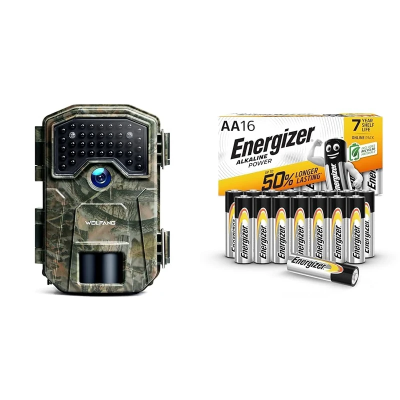 WOLFANG Wildlife Camera, 36MP 2K Trail Camera with 38pcs 940nm No Glow IR LEDs Night Vision Motion & Energizer AA Batteries, Alkaline Power, 16 Pack, Double A Battery PacK