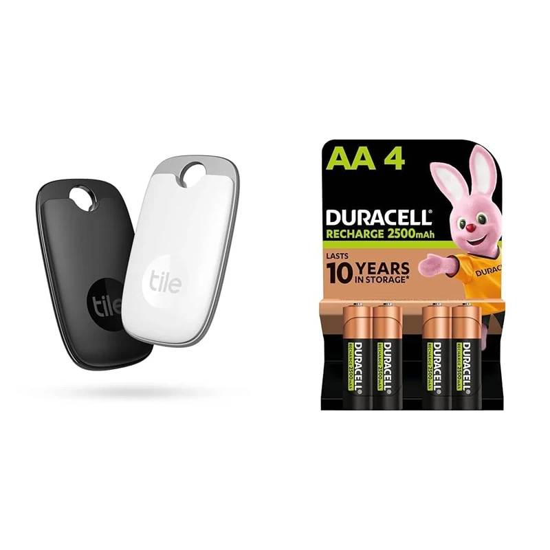 Tile Pro (2022) Bluetooth Item Finder, 2 Pack, 120m finding range, works with Alexa and Google Smart & Duracell Rechargeable AA Batteries (Pack of 4), 2500 mAh NiMH, pre-charged, Our No. 1