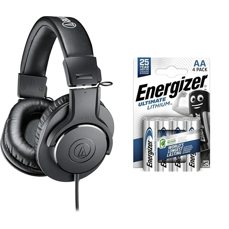 Audio-Technica M20x Professional Monitor Headphones Black & Energizer AA Batteries, Ultimate Lithium, 4 Pack Double A Battery Pack
