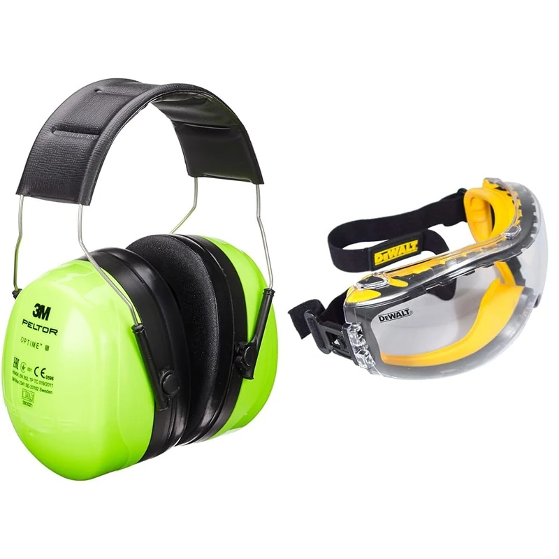 3M PELTOR Optime III Ear Muffs, Headband, 35 dB, Hi-Viz, H540A-461-GB & DEWALT GOGGLE Concealer Clear Goggle DPG82-11D