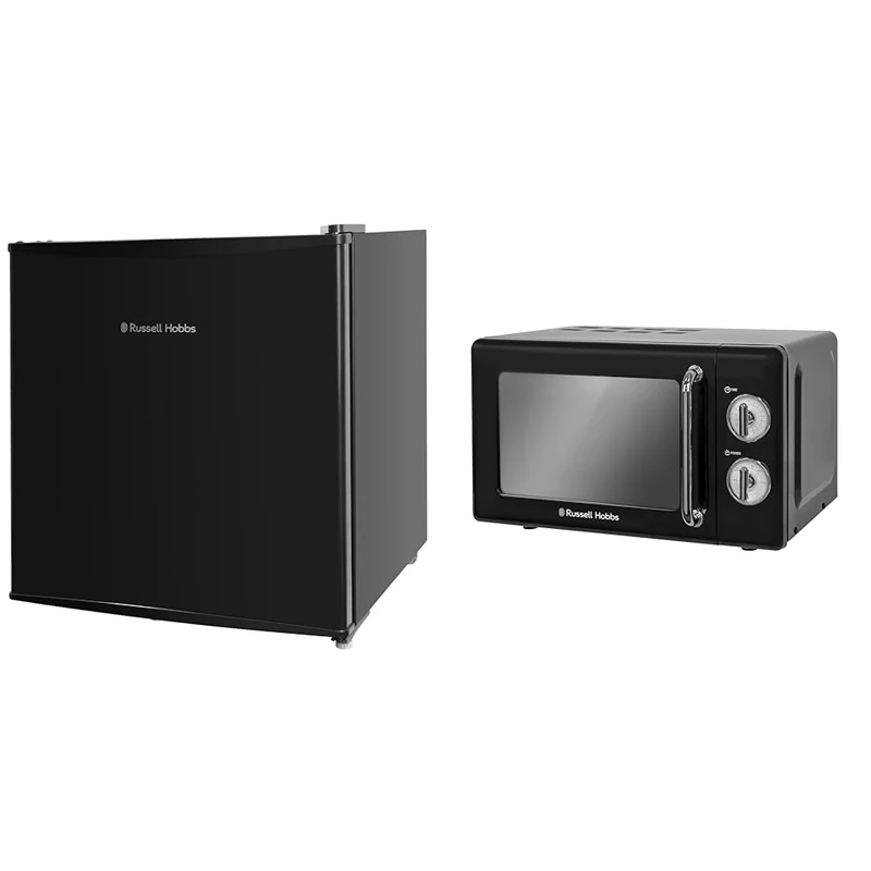 Russell Hobbs RHTTLF1B 43L Table Top F Energy Rating Fridge Black & RHRETMM705B 17 L 700 W Black Compact Retro Solo Manual Microwave with 5 Power Levels, Timer, Defrost Setting, Easy Clean