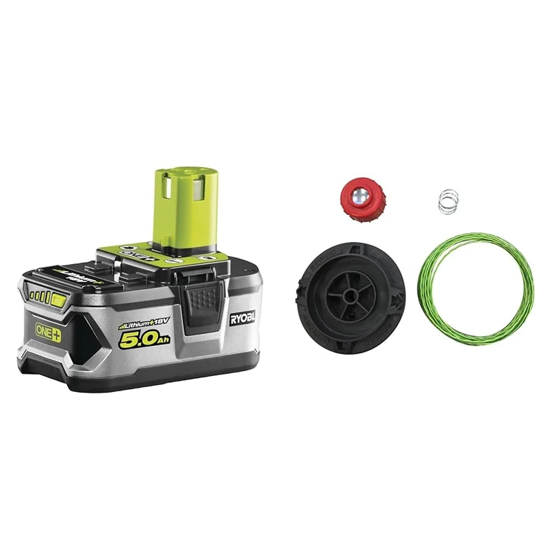 Ryobi RB18L50 ONE+ Lithium+ 5.0Ah Battery, 18 V & RAC156 2.0mm Bump Feed Spool Head (Single)