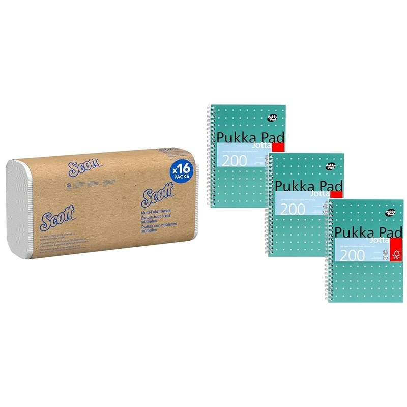 Scott Multifold Hand Towels 1804 - Z Fold Paper Towels - 16 Packs x 250 White Paper Hand Towels & Pukka Pad, A5 Metallic Jotta Book 3-Pack for Home, School, and Office – 15 x 21cm – Wirebound