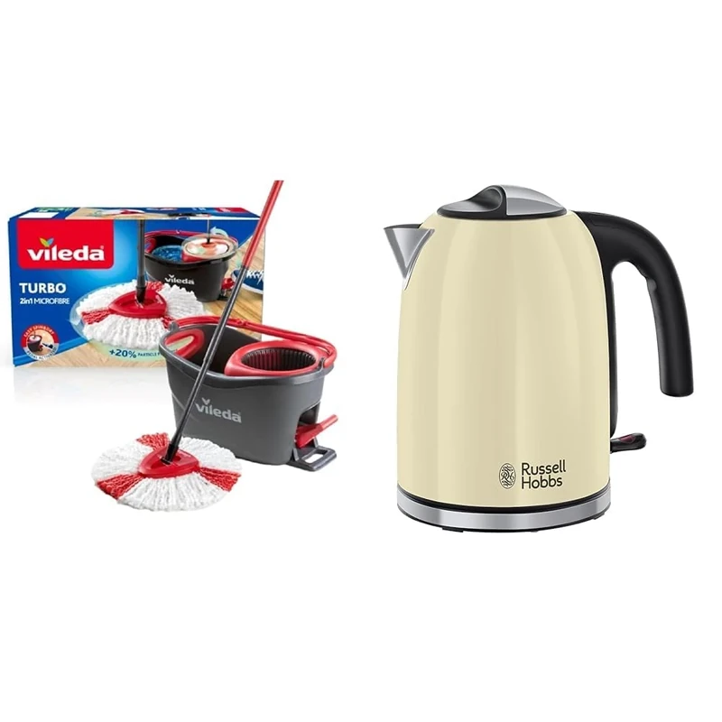 Vileda Turbo Microfibre Mop And Bucket Set, Spin Mop For Cleaning Floors, Set Of 1x Mop And 1x Bucke & Russell Hobbs Cream Stainless Steel 1.7L Cordless Electric Kettle with black handle