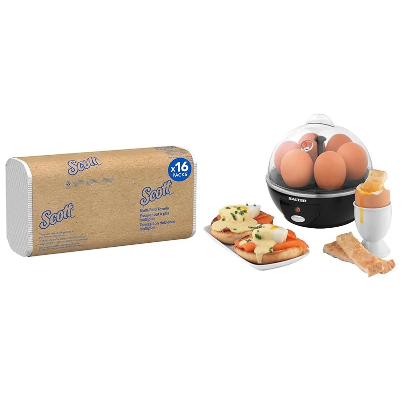 Scott Multifold Hand Towels 1804 - Z Fold Paper Towels - 16 Packs x 250 White Paper Hand Towels & Salter EK2783 Electric Egg Boiler - Cooking Rack Holds Up to 6 Eggs, for Soft, Medium Or Hard Boiled