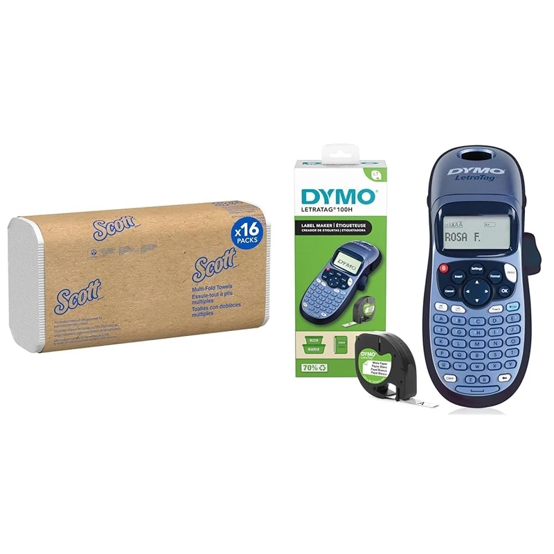 Scott Multifold Hand Towels 1804 - Z Fold Paper Towels - 16 Packs x 250 White Paper Hand Towels & Dymo LetraTag LT-100H Handheld Label Maker | ABC Keyboard Label Printer