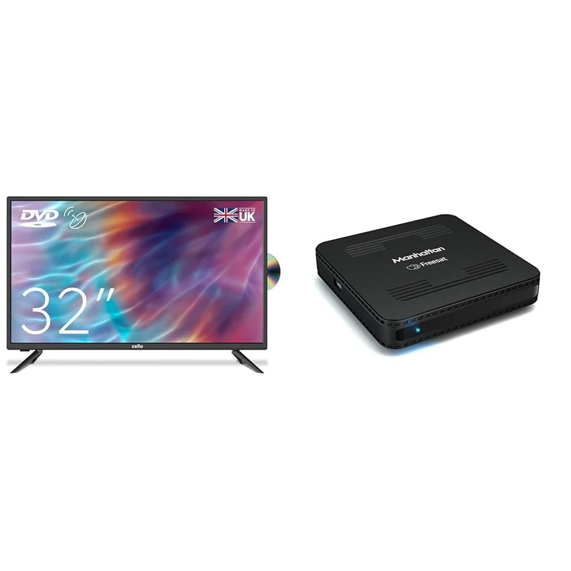 Cello ZF0223 32" inch HD Ready LED TV with built in DVD player with Freeview HD Built in Satellite & Manhattan SX Freesat HD Box, Black