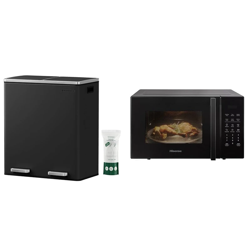 SONGMICS Double Rubbish Bin, 2 x 30L Waste and Recycling Kitchen Bin with 15 Rubbish Bags & Hisense 900 Watt Microwave oven H25MOBS7HUK - Black, 25 Litre