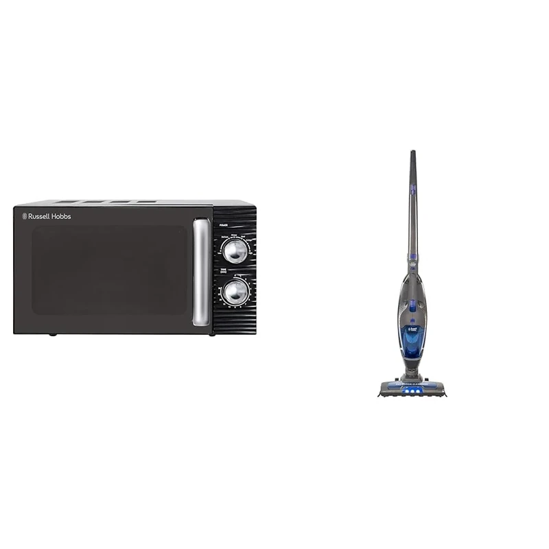 Russell Hobbs RHM1731B INSPIRE Black 17 Litre Manual Microwave & Cordless Upright Stick Vacuum Cleaner Bagless 2 in 1 Grey and Blue 600W 2 Speed Settin