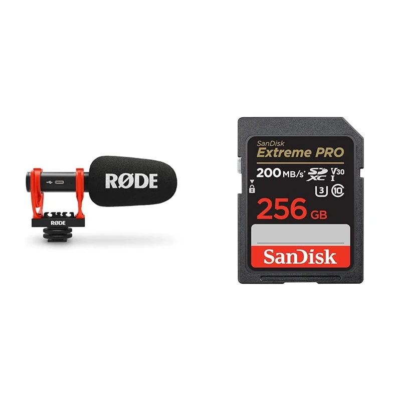 RØDE VideoMic GO II Ultra-compact and Lightweight Shotgun Microphone with USB Audio for Filmmaking & SanDisk 256GB Extreme PRO SDXC card + RescuePRO Deluxe, up to 200MB/s, UHS-I, Class 10, U3, V30