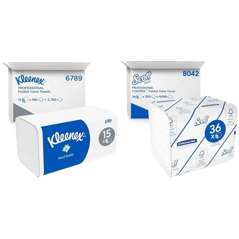 Kleenex Paper Towels with Interfold 6789-2-ply Paper Towels with V-fold - 15 Packs x 186 Towels & Scott Control Folded Toilet Tissue 8042-2 Ply Bulk Toilet Paper - 36 Packs x 250 Toilet