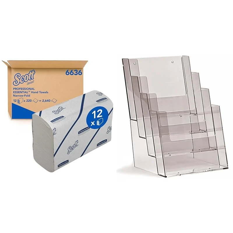 Scott Essential Hand Towels 6636 - Narrow-Fold Paper Hand Towels - 12 Clips x 220 White Paper Towels (2,640 Total) & Taymar Four Tier Dispenser for A5 Leaflets and Brochures