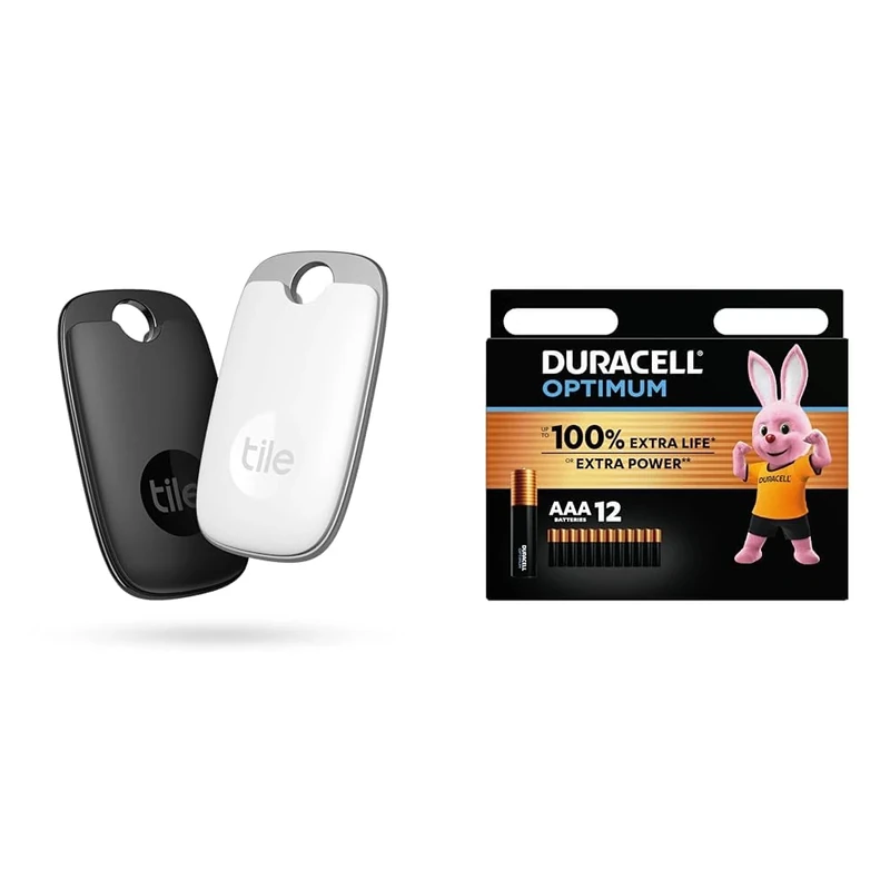 Tile Pro (2022) Bluetooth Item Finder, 2 Pack, 120m finding range, works with Alexa and Google Smart & Duracell Optimum AAA Batteries (12 pack) - Alkaline Batteries 1.5V - Up To 100% Extra Life