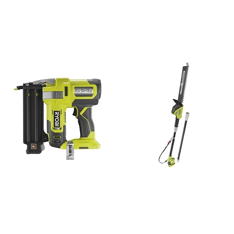 RYOBI R18GN18-0 18V ONE Plus Cordless 18 Gauge Nailer, Hyper Green & ONE+ 18V OPT1845 Cordless Pole Hedge Trimmer, 45cm Green Blade