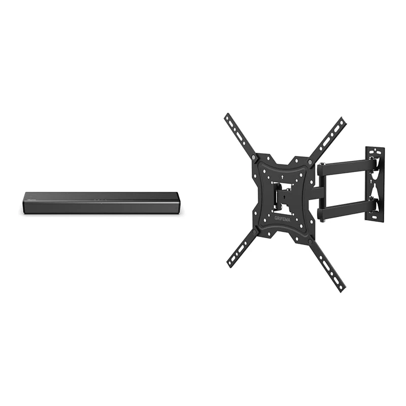 Hisense HS214 2.1Ch All- In-One 108W Soundbar with Built-In Subwoofer, Black & GRIFEMA GB1004 Swivel TV Wall Bracket, for 26-55 inch Screens, for Flat & Curved TV up to 30KG