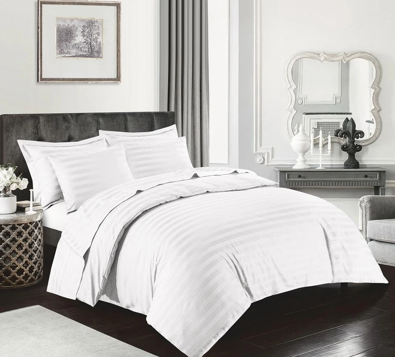 Kampala Hill Egyptian Cotton 400 Thread Count Double Duvet Hotel Quality Cover Satin Stripe Bedding Set, White - Image 1