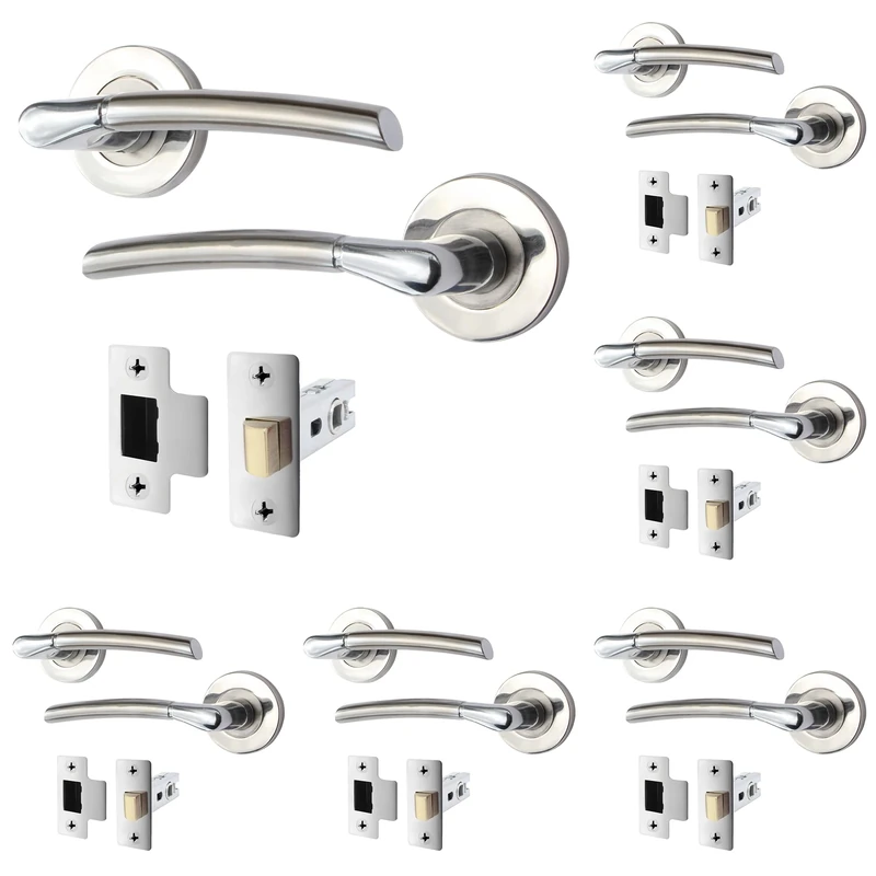 EAI Internal Door Handle + Latch Set Duo Finish | 6 Pairs Satin Nickel and Polished Chrome Lever on Rose Round | Latch (64mm)