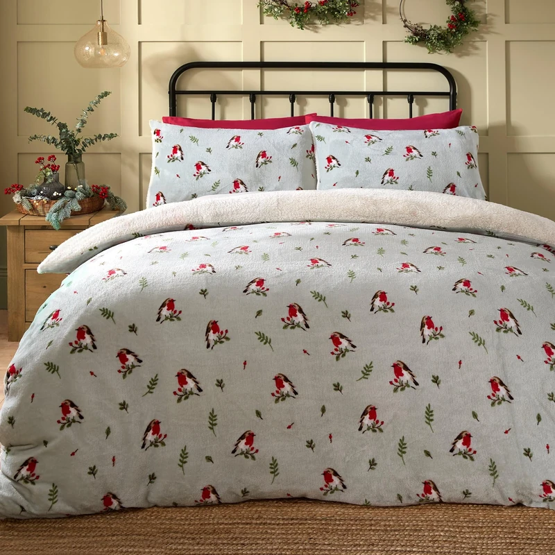 Dreams & Drapes - Vintage Red Robin Christmas Fleece Duvet Cover - Super King Bedding Size (260 220cm) - Reversible (2 Designs) - Soft Teddy Fleece Duvet Cover in Duck Egg - Christmas Bedding