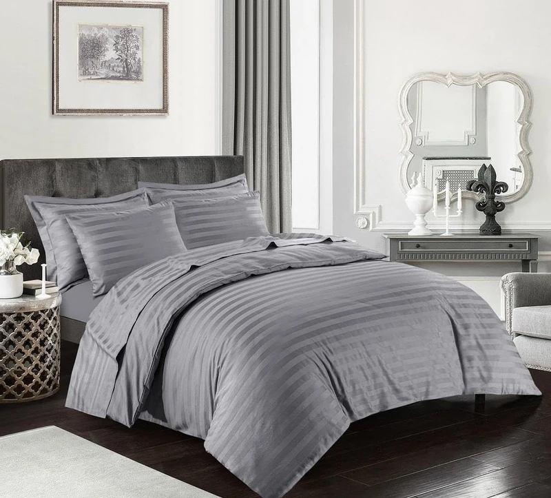 Kampala Hill Egyptian Cotton 400 Thread Count Double Duvet Hotel Quality Cover Satin Stripe Bedding Set, Silver