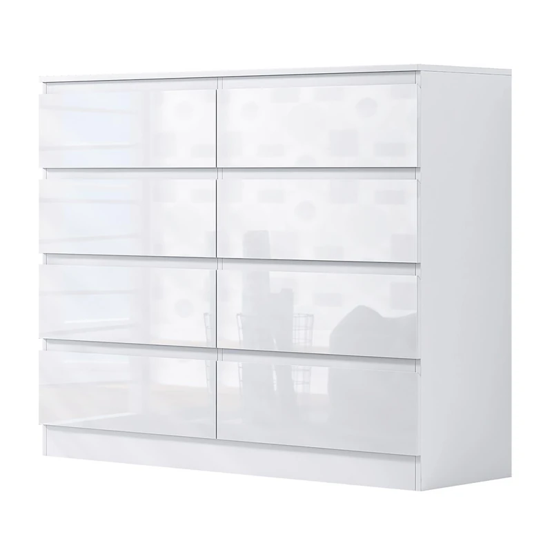 FWStyle White Gloss Large 8 Drawer Chest of Drawers. White Bedroom Furniture. Under drawer support bars. Scratch resistant.