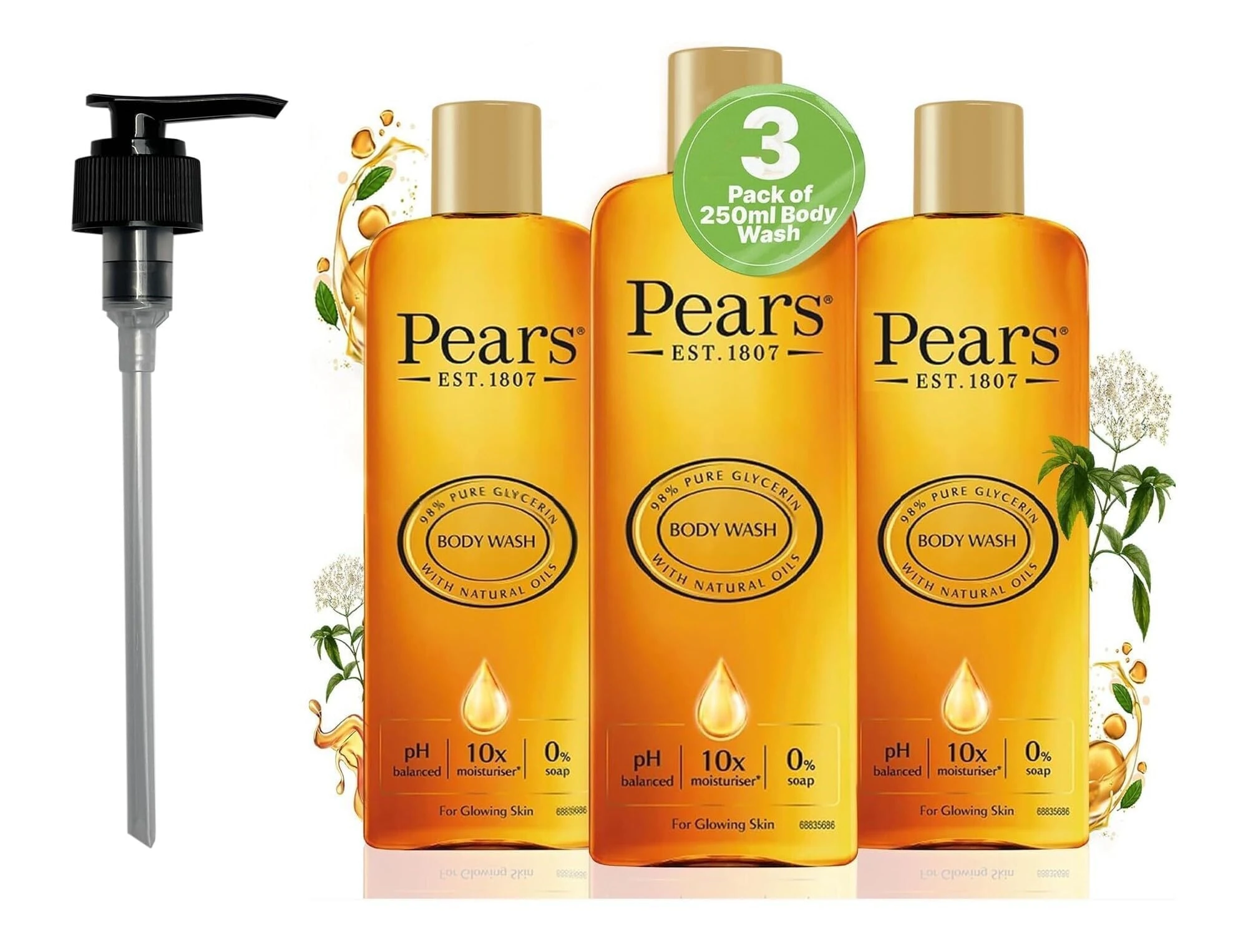 Pears Pure & Gentle Moisturising Liquid Body Wash - Enriched with Glycerin and Natural Oils, 10x More Moisturiser* - Soap-free Cleanser Ideal for Men and Women | 250ml (3 Pack) + Dispenser Pump
