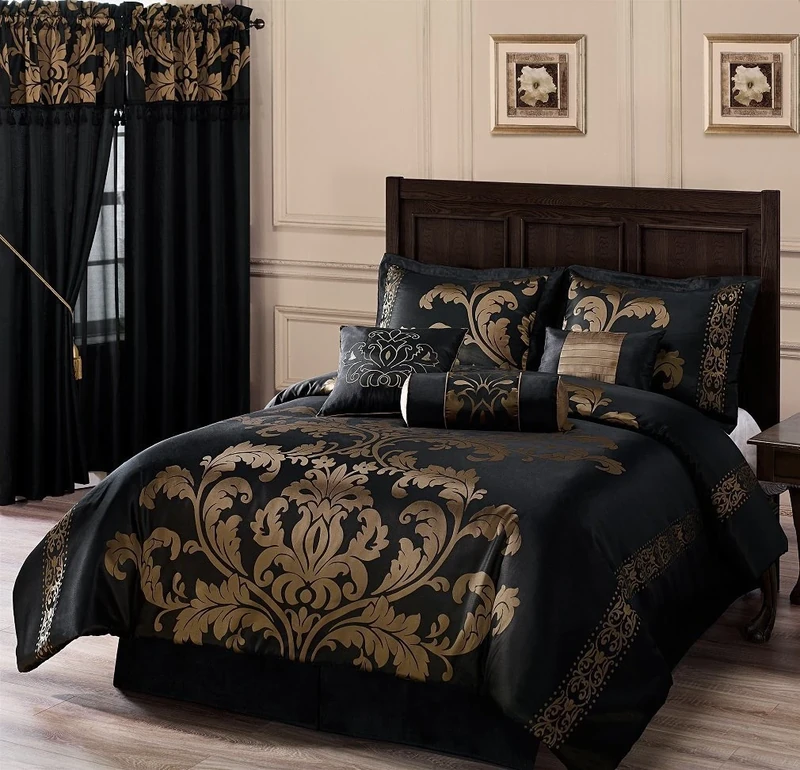 Chezmoi Collection Royale 7-Piece Jacquard Floral Comforter Set, Oversized King, Black/Gold